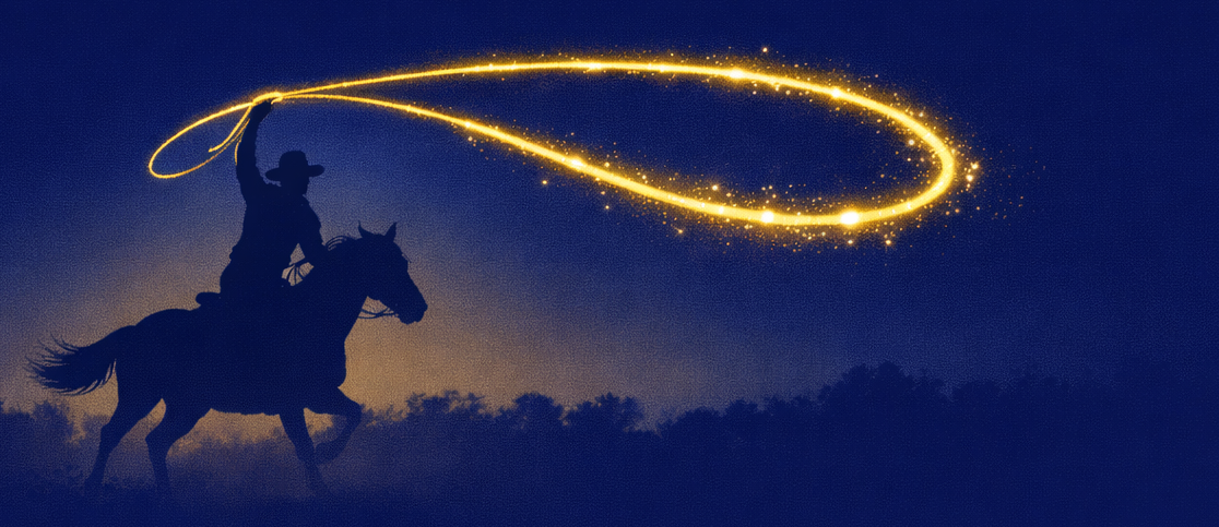 Silhouetted rider swinging a glowing gold lasso against a navy night sky